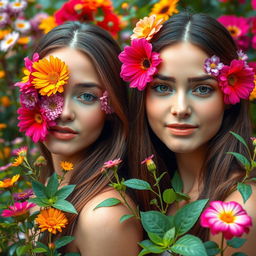 Two young women with half of their faces covered in beautiful, vibrant flowers, while the other half is uncovered, revealing their natural features