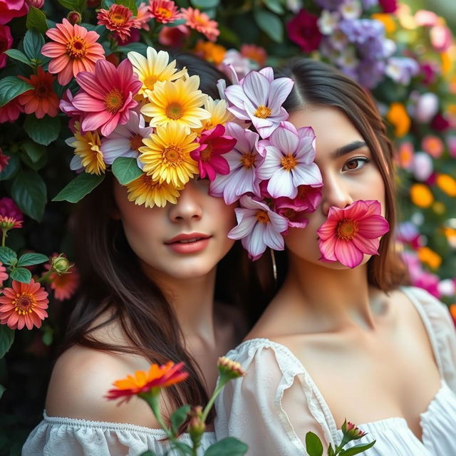 Two young women with half of their faces covered in beautiful, vibrant flowers, while the other half is uncovered, revealing their natural features