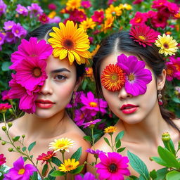 Two young women with half of their faces covered in beautiful, vibrant flowers, while the other half is uncovered, revealing their natural features