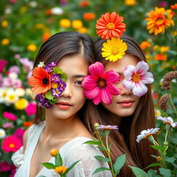 Two young women with half of their faces covered in beautiful, vibrant flowers, while the other half is uncovered, revealing their natural features