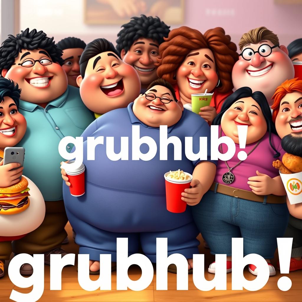 A Disney Pixar style render featuring a joyous gathering of diverse fat individuals, each with unique features and charming, exaggerated expressions typical of Pixar characters