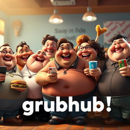 A Disney Pixar style render featuring a joyous gathering of diverse fat individuals, each with unique features and charming, exaggerated expressions typical of Pixar characters