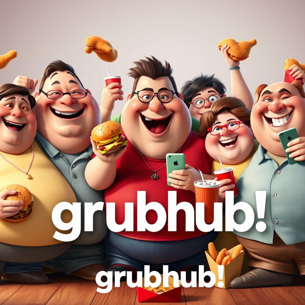 A Disney Pixar style render featuring a joyous gathering of diverse fat individuals, each with unique features and charming, exaggerated expressions typical of Pixar characters