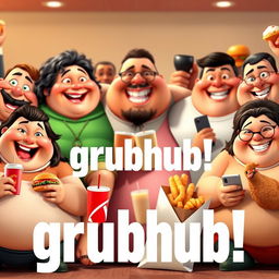 A Disney Pixar style render featuring a joyous gathering of diverse fat individuals, each with unique features and charming, exaggerated expressions typical of Pixar characters