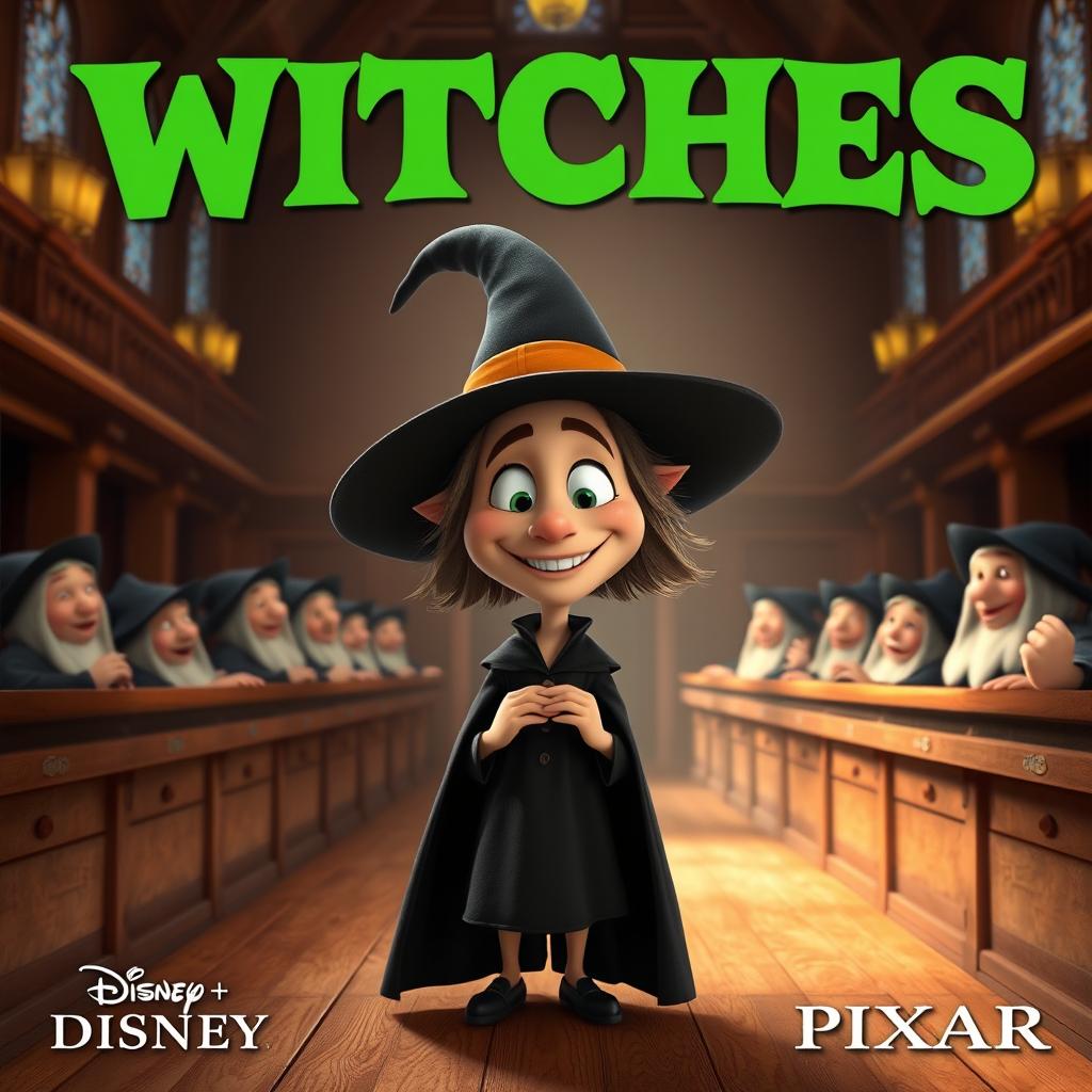 A Disney Pixar-style render poster showcasing a witch with a big smile standing in an old 17th century courtroom