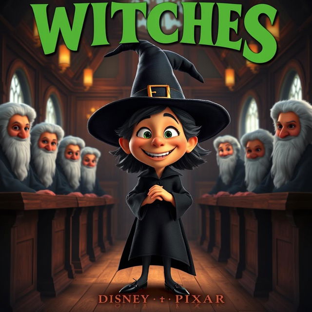 A Disney Pixar-style render poster showcasing a witch with a big smile standing in an old 17th century courtroom