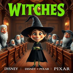 A Disney Pixar-style render poster showcasing a witch with a big smile standing in an old 17th century courtroom