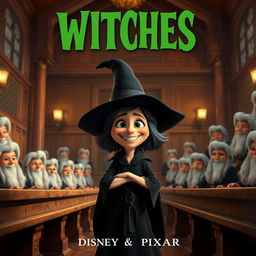 A Disney Pixar-style render poster showcasing a witch with a big smile standing in an old 17th century courtroom