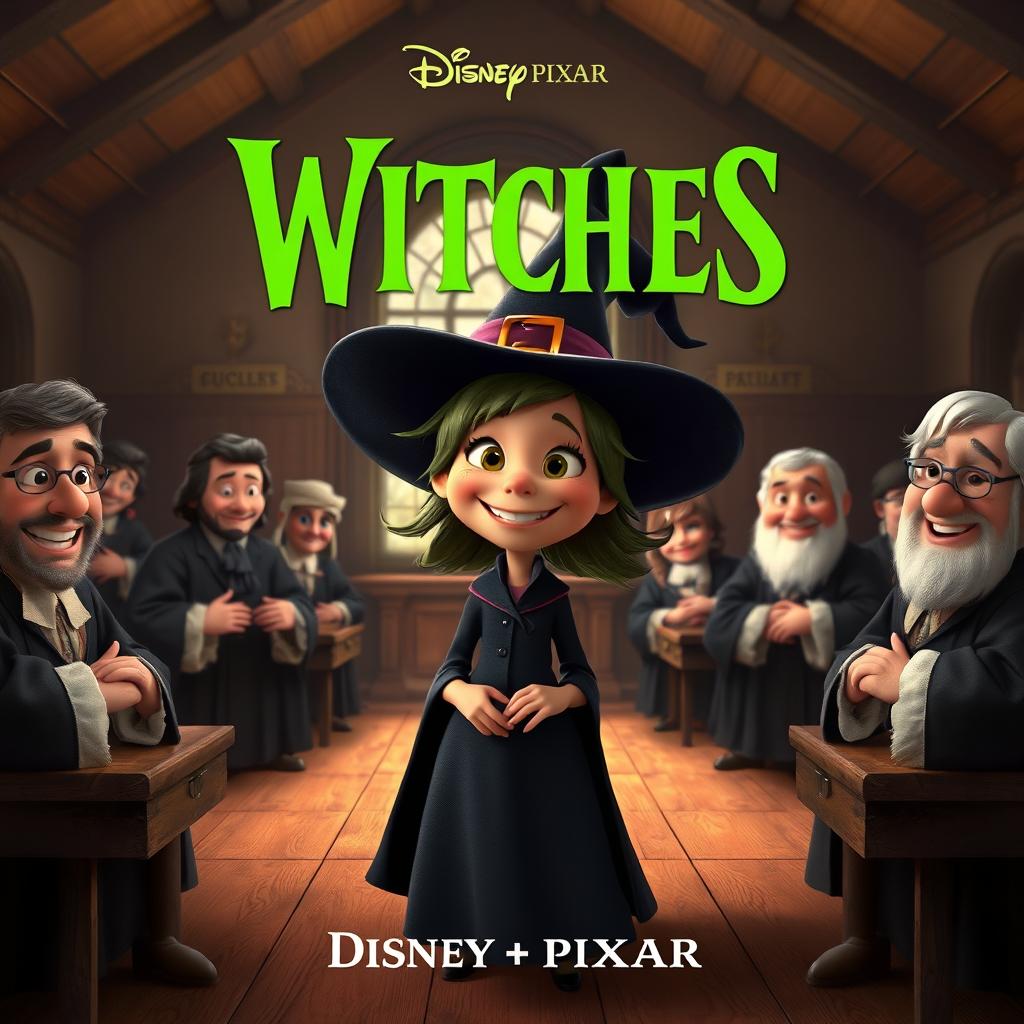 A Disney Pixar-style render poster featuring a cheerful witch with a big smile, standing in an old 17th century courtroom