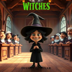 A Disney Pixar-style render poster featuring a cheerful witch with a big smile, standing in an old 17th century courtroom