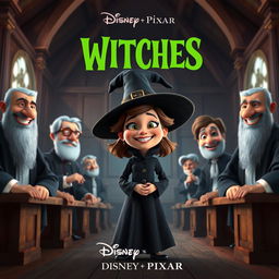 A Disney Pixar-style render poster featuring a cheerful witch with a big smile, standing in an old 17th century courtroom