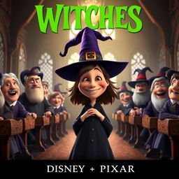 A Disney Pixar-style render poster featuring a cheerful witch with a big smile, standing in an old 17th century courtroom