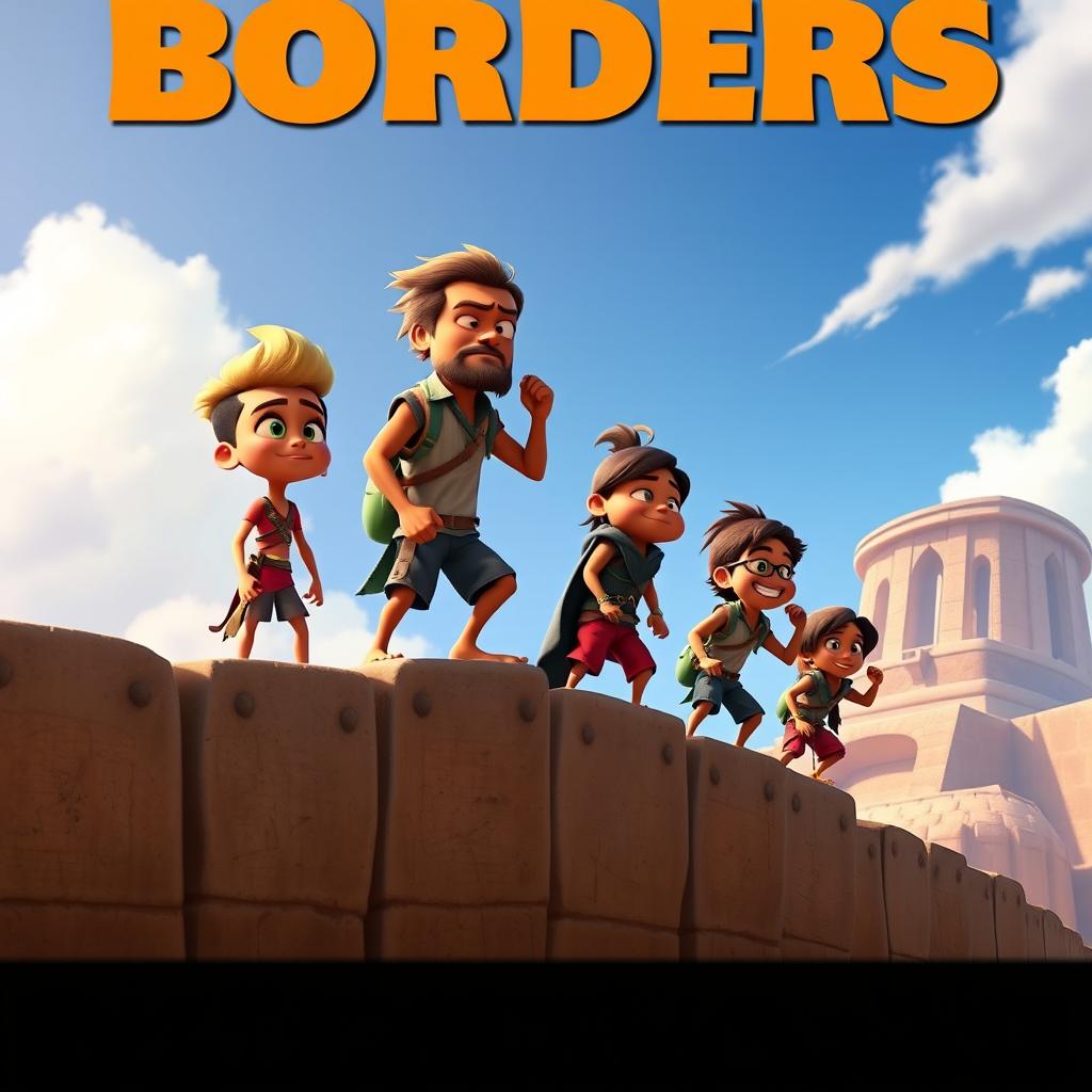 A Disney Pixar style render depicting a group of tan-skinned individuals, each with unique Pixar-like features and expressions, standing determinedly as they attempt to climb over an imposing wall