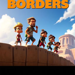 A Disney Pixar style render depicting a group of tan-skinned individuals, each with unique Pixar-like features and expressions, standing determinedly as they attempt to climb over an imposing wall