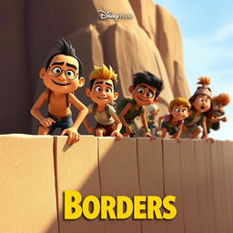 A Disney Pixar style render depicting a group of tan-skinned individuals, each with unique Pixar-like features and expressions, standing determinedly as they attempt to climb over an imposing wall