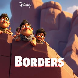 A Disney Pixar style render depicting a group of tan-skinned individuals, each with unique Pixar-like features and expressions, standing determinedly as they attempt to climb over an imposing wall