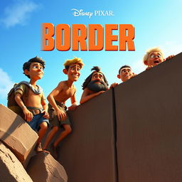 A Disney Pixar style render depicting a group of tan-skinned individuals, each with unique Pixar-like features and expressions, standing determinedly as they attempt to climb over an imposing wall