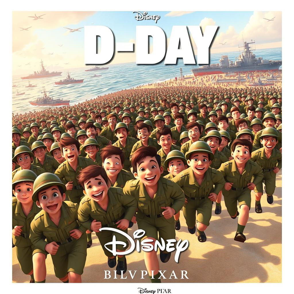 A Disney Pixar-style poster illustrating a playful version of the D-Day invasion with thousands of WW2 soldiers joyfully rushing up a beach