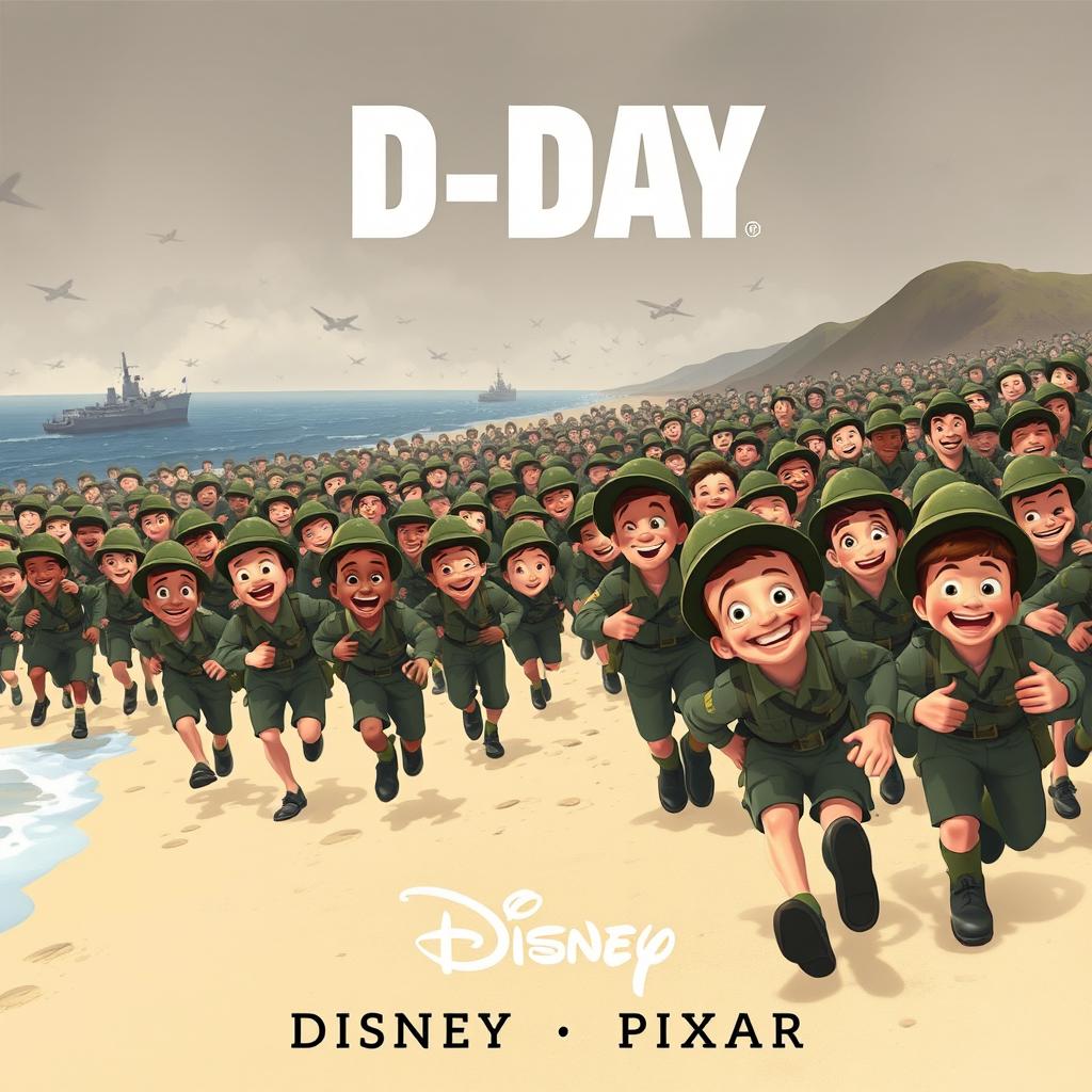 A Disney Pixar-style poster illustrating a playful version of the D-Day invasion with thousands of WW2 soldiers joyfully rushing up a beach