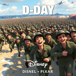 A Disney Pixar-style poster illustrating a playful version of the D-Day invasion with thousands of WW2 soldiers joyfully rushing up a beach