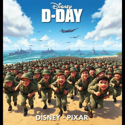 A Disney Pixar-style poster illustrating a playful version of the D-Day invasion with thousands of WW2 soldiers joyfully rushing up a beach