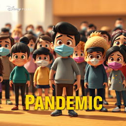 A Disney Pixar style render showing groups of people, each wearing distinct face masks, standing at safe distances from each other, capturing the essence of social distancing in a thoughtful yet animated manner