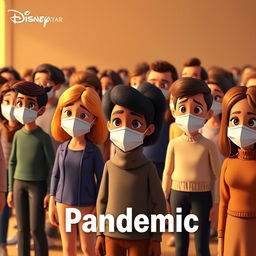 A Disney Pixar style render showing groups of people, each wearing distinct face masks, standing at safe distances from each other, capturing the essence of social distancing in a thoughtful yet animated manner