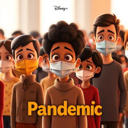 A Disney Pixar style render showing groups of people, each wearing distinct face masks, standing at safe distances from each other, capturing the essence of social distancing in a thoughtful yet animated manner