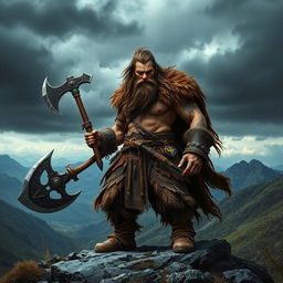 A fierce barbarian warrior standing on a rocky hill, holding a massive battle axe, clad in rugged leather armor adorned with fur and tribal markings