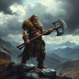 A fierce barbarian warrior standing on a rocky hill, holding a massive battle axe, clad in rugged leather armor adorned with fur and tribal markings