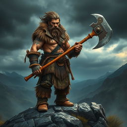 A fierce barbarian warrior standing on a rocky hill, holding a massive battle axe, clad in rugged leather armor adorned with fur and tribal markings