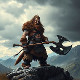 A fierce barbarian warrior standing on a rocky hill, holding a massive battle axe, clad in rugged leather armor adorned with fur and tribal markings