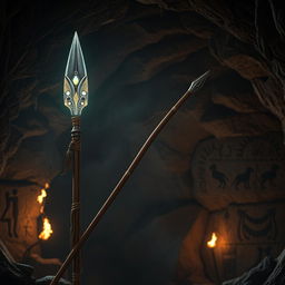 A beautifully crafted ancient spear with an intricately designed spearhead, glowing with a mystical aura