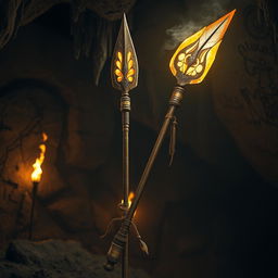 A beautifully crafted ancient spear with an intricately designed spearhead, glowing with a mystical aura