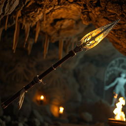 A beautifully crafted ancient spear with an intricately designed spearhead, glowing with a mystical aura