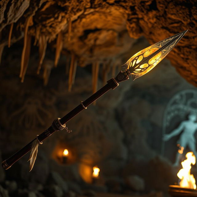 A beautifully crafted ancient spear with an intricately designed spearhead, glowing with a mystical aura