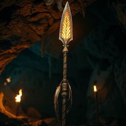 A beautifully crafted ancient spear with an intricately designed spearhead, glowing with a mystical aura