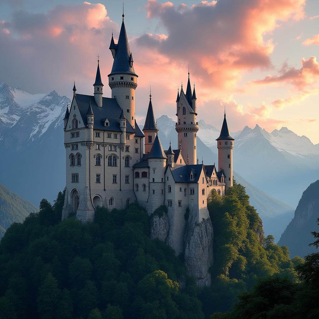 A breathtaking castle nestled in the majestic Alps, surrounded by serene mountain landscapes