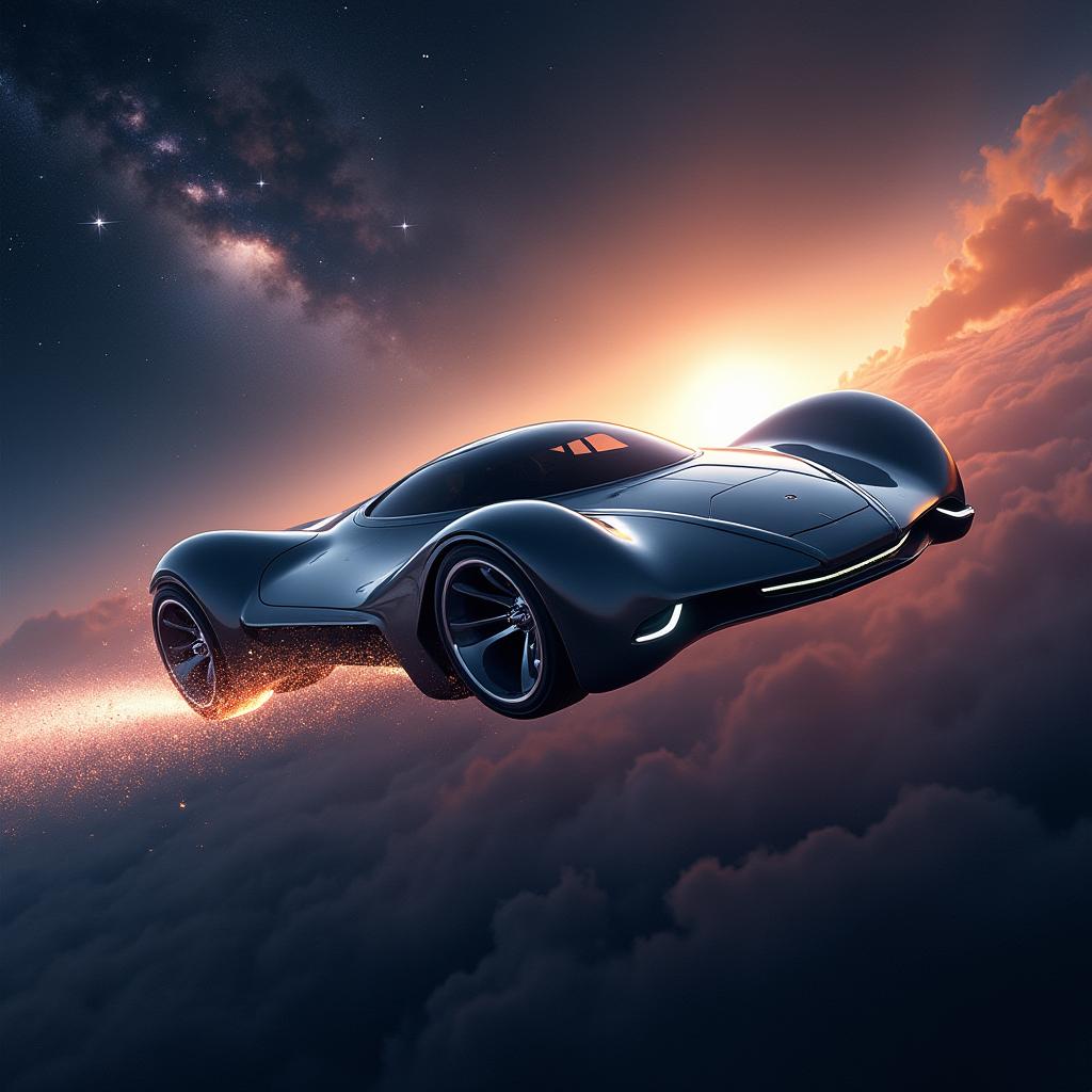 A futuristic flying car soaring through the vastness of space