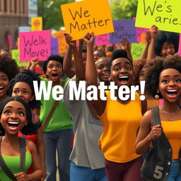 A Disney Pixar style render featuring a vibrant and inspiring scene of dark-skinned individuals marching down the streets, each person actively cheering and expressing unity and strength