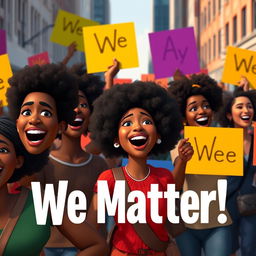 A Disney Pixar style render featuring a vibrant and inspiring scene of dark-skinned individuals marching down the streets, each person actively cheering and expressing unity and strength