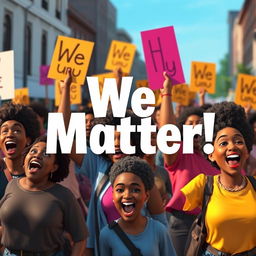 A Disney Pixar style render featuring a vibrant and inspiring scene of dark-skinned individuals marching down the streets, each person actively cheering and expressing unity and strength