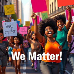 A Disney Pixar style render featuring a vibrant and inspiring scene of dark-skinned individuals marching down the streets, each person actively cheering and expressing unity and strength