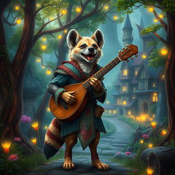 A hyena in a fantasy setting, dressed as a bard