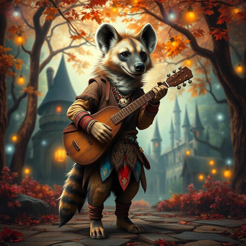 A hyena in a fantasy setting, dressed as a bard