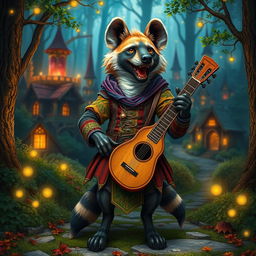 A hyena in a fantasy setting, dressed as a bard