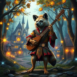 A hyena in a fantasy setting, dressed as a bard