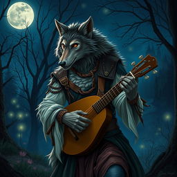 A werewolf bard in a mystical fantasy setting