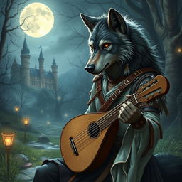 A werewolf bard in a mystical fantasy setting