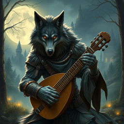 A werewolf bard in a mystical fantasy setting